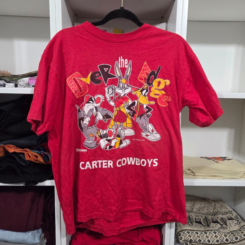 Vintage 1993 Looney Tunes Over The Edge T-Shirt Red Artex Carter Cowboys Large